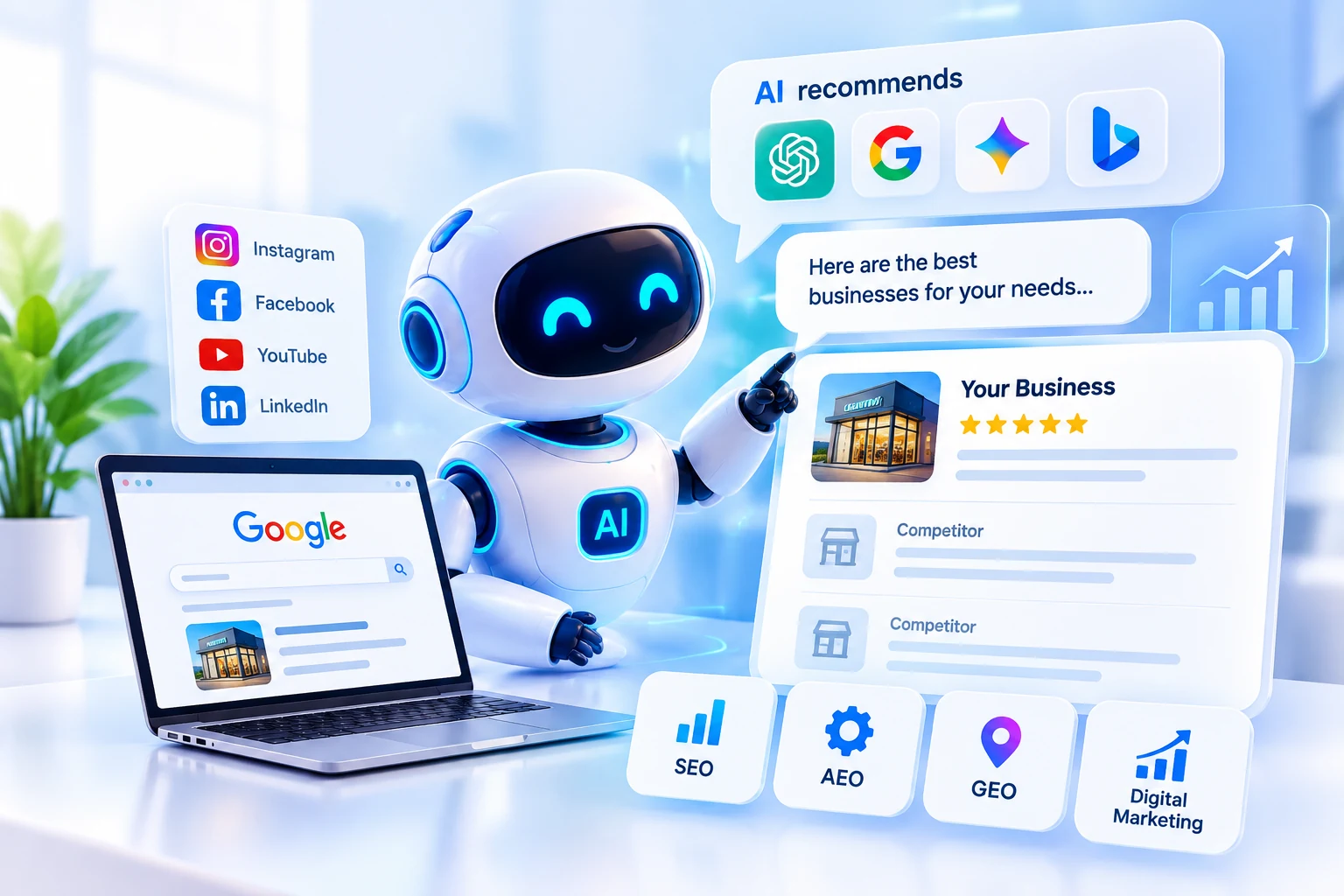 AI-powered business visibility showing AI recommendations, Google search, social media, SEO, AEO and GEO