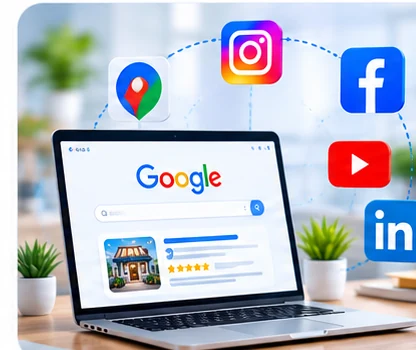 Business website and social media platforms shown together for online promotion