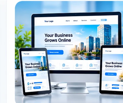 Responsive business website displayed across desktop, tablet and mobile devices